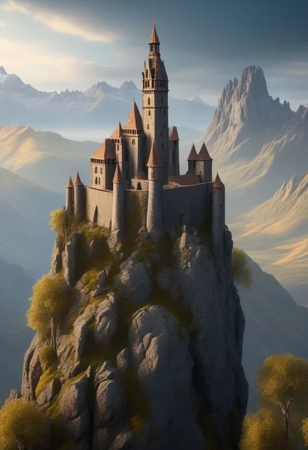 castle on a (rock spire), mountain in background, best quality, masterpiece, illustration, realistic, photo-realistic, amazing, finely detail, incredibly absurdres, huge filesize, ultra-detailed, highres, extremely detailed CG unity 8k wallpaper