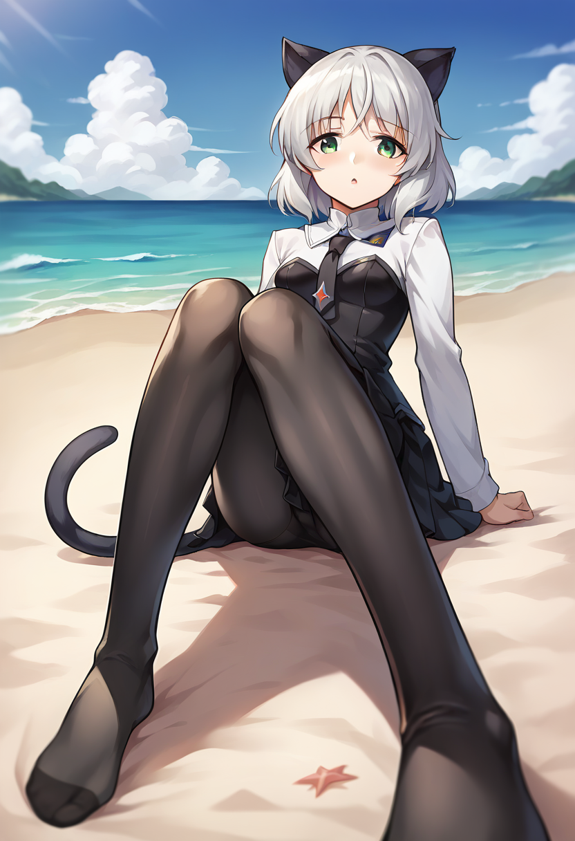 score_9, score_8_up, score_7_up, source_anime, masterpiece, 1girl, ctiansanya, uniform, necktie, strapless vest, long sleeves, black skirt, black pantyhose, beach, outdoors, sunny, ocean, scenery, depth of field, looking at viewer, (lying), on sand, chestnut mouth, close-up, cat ears, cat tail, knees up, <lora:Sanya_updated_ver2_ct:1>