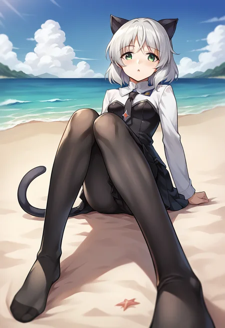 score_9, score_8_up, score_7_up, source_anime, masterpiece, 1girl, ctiansanya, uniform, necktie, strapless vest, long sleeves, black skirt, black pantyhose, beach, outdoors, sunny, ocean, scenery, depth of field, looking at viewer, (lying), on sand, chestnut mouth, close-up, cat ears, cat tail, knees up, <lora:Sanya_updated_ver2_ct:1>