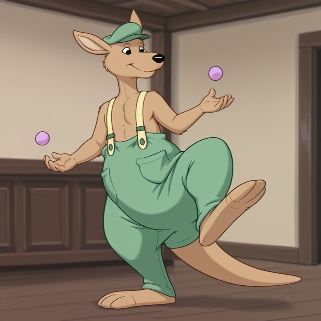 masterpiece, best quality, amazing quality, Splodgebbil, semi-anthro, male, kangaroo, tan fur, black eyes, tail, green hat, green pants, yellow suspenders,  inside, standing on one leg, juggling, balls, solo