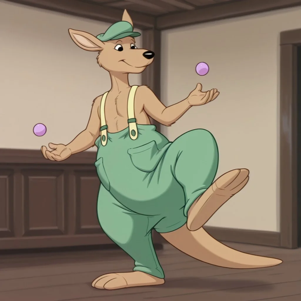 masterpiece, best quality, amazing quality, Splodgebbil, semi-anthro, male, kangaroo, tan fur, black eyes, tail, green hat, green pants, yellow suspenders, inside, standing on one leg, juggling, balls, solo