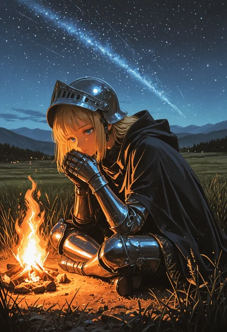 1girl, warming hands, campfire, outdoors, night sky, stars, blonde hair, bangs, blue eyes, looking at campfire, sitting, indian style, greaves, gauntlets, dark cape, helmet, (dark:1.3), expressionless, closed mouth, eye reflection, grass, mountainous horizon, tall grass, 
(oil painting \(medium\):1.4), pixel art, 
<lora:illustrious_noobai_epsilon_pred_1_masterpieces_v1:1> masterpiece, very aesthetic, absurdres, <lora:spo_sdxl_10ep_4k-data_lora_webui:0.8>, <lora:NOOB_vp1_detailer_by_volnovik_v1:0.6>,
