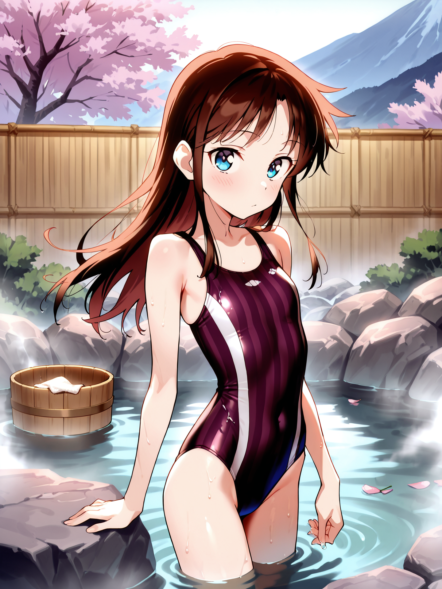 <lora:Mine_Sayaka_0R:1>, minesayaka
blue eyes, brown hair, long hair, petite, slim, thin thighs, thin legs, narrow hips
horizontal striped one-piece swimsuit, purple and black striped one-piece swimsuit
<lora:CC_Aesthetic_Masterpiece_1:1>, masterpiece, best quality, amazing quality, very aesthetic, absurdres, detailed background, volumetric lighting, ray-tracing
1girl, looking at viewer, cowboy shot, floating hair, wet, partially partially submerged
(outdoors, japan, onsen, water, steam, wooden bucket, cherry blossom, boulder, stone floor, wooden fence)