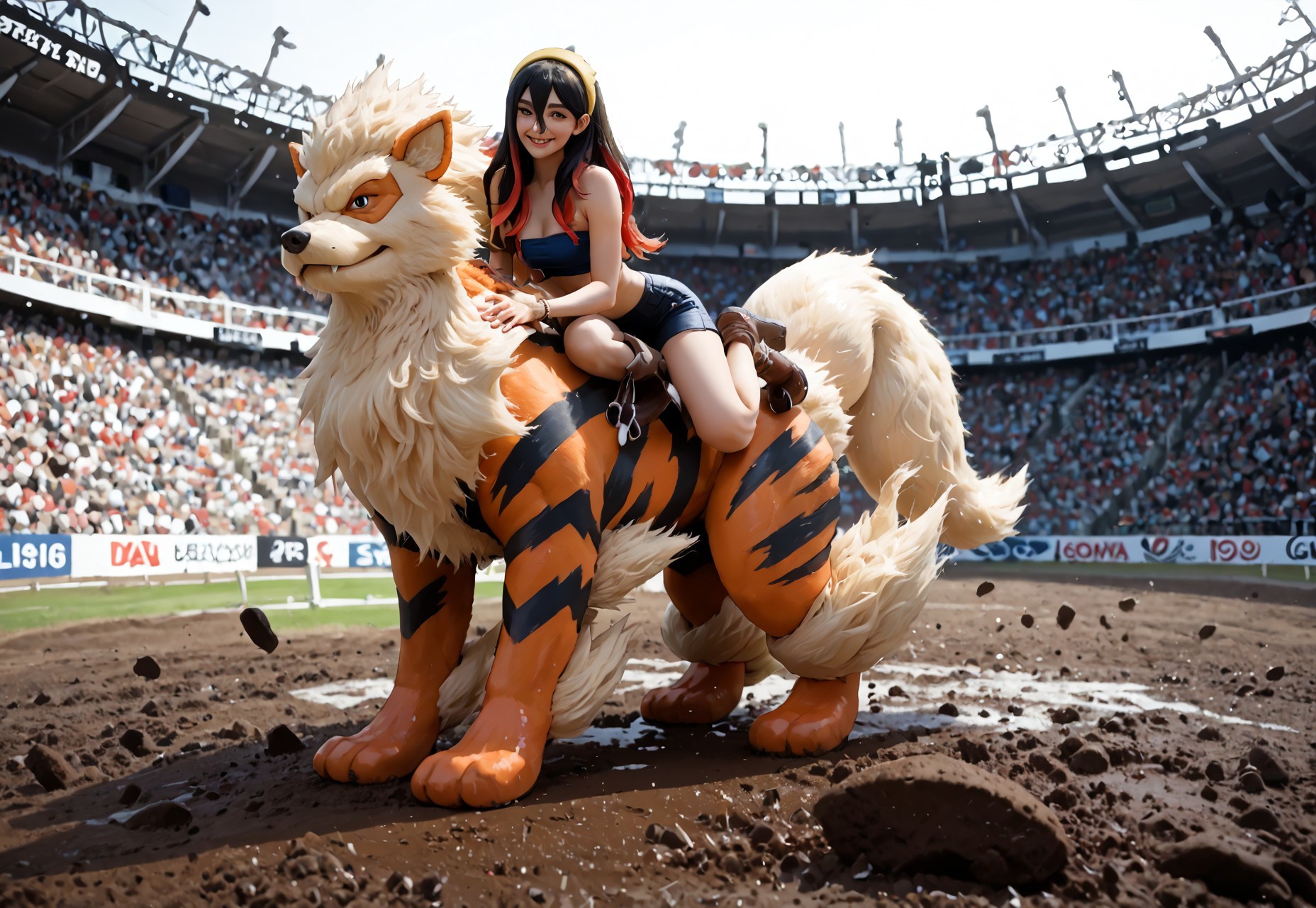 safe_pos, safe_pos, Carmine is wearing leather shorts and boots while riding on a huge Arcanine.
score_9, score_8_up, score_7_up,  source_anime, BREAK masterpiece, <lora:pokemon-carmine-ponyxl-lora-nochekaiser:1> pokemoncarmine, black hair, colored inner hair, crossed bangs, hair between eyes, hairband, long hair, mole, mole under eye, multicolored hair, red hair, sidelocks, two-tone hair, yellow eyes, yellow hairband, bare shoulders, blue bandeau, leather shorts, full body, boots, outdoors, mud, rodeo, arena, looking at viewer, 1girl, best quality, seductive, sultry, mouth closed, lips, smile, horny, bracelet, riding, riding animal, riding arcanine, petting, animal, side_view, BREAK score_9, score_8_up, score_7_up, score_6_up, source_furry, dof, full body, solo, <lora:POKEMON_ARCANINE:1> arcanine, huge arcanine, pokemon (creature), feral, side_view, pooping, action shot, 