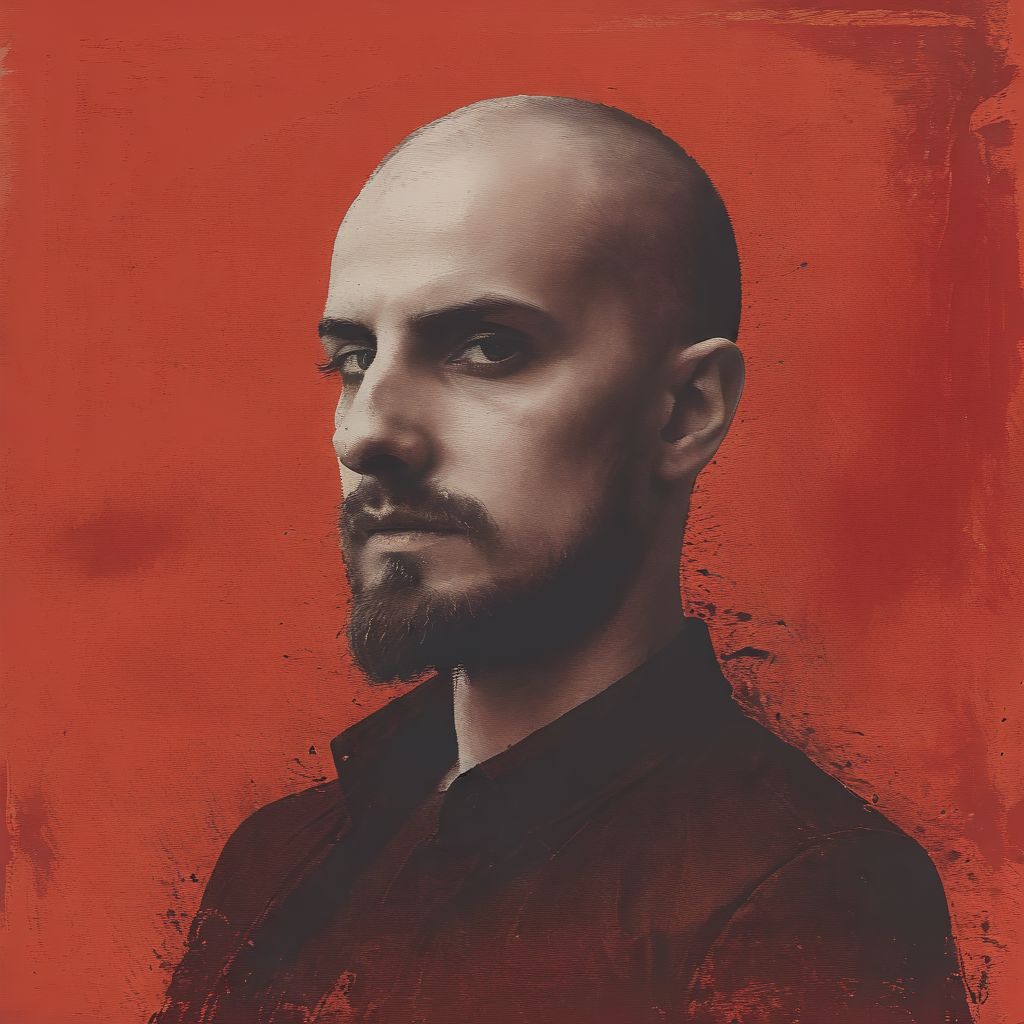 1boy, Savva_face, bald, beard:0.7, tattoo on head, grunge,  horror, And now was acknowledged the presence of the Red Death