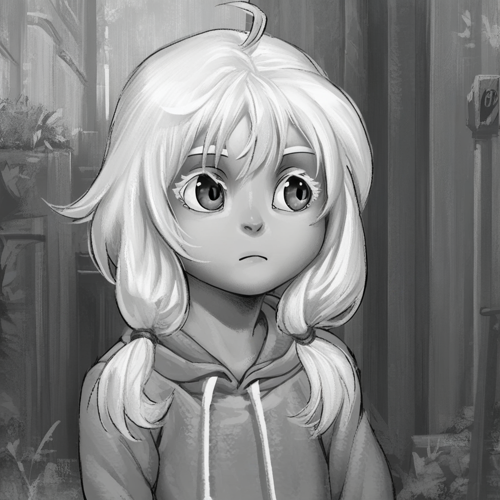 score_9, solo, OTB, greyscale, hoodie, twintails, ahoge, outdoors