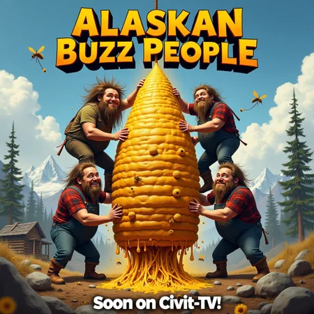 Movie poster style composition: Family of disheveled, overweight adults. Title text "ALASKAN BUZZ PEOPLE" in rustic, wooden font style.
Main focus: Five adults in tattered wilderness clothing, standing on each other's shoulders like a human pyramid. Massive beehive glowing with golden honey light Background: Alaskan wilderness, snow-capped mountain.
Tagline below: "Soon on Civit-TV!" (mvpstrCE style)