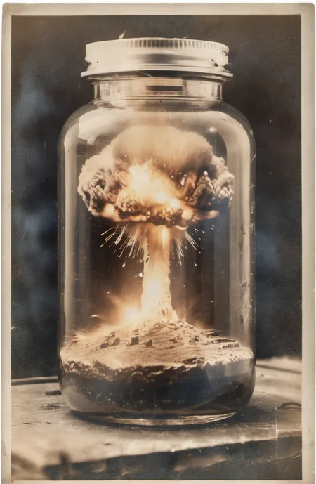 raw photo of a nuclear explosion in a jar, sharp focus, depth of field, 8k, realistic, photorealistic, hdr