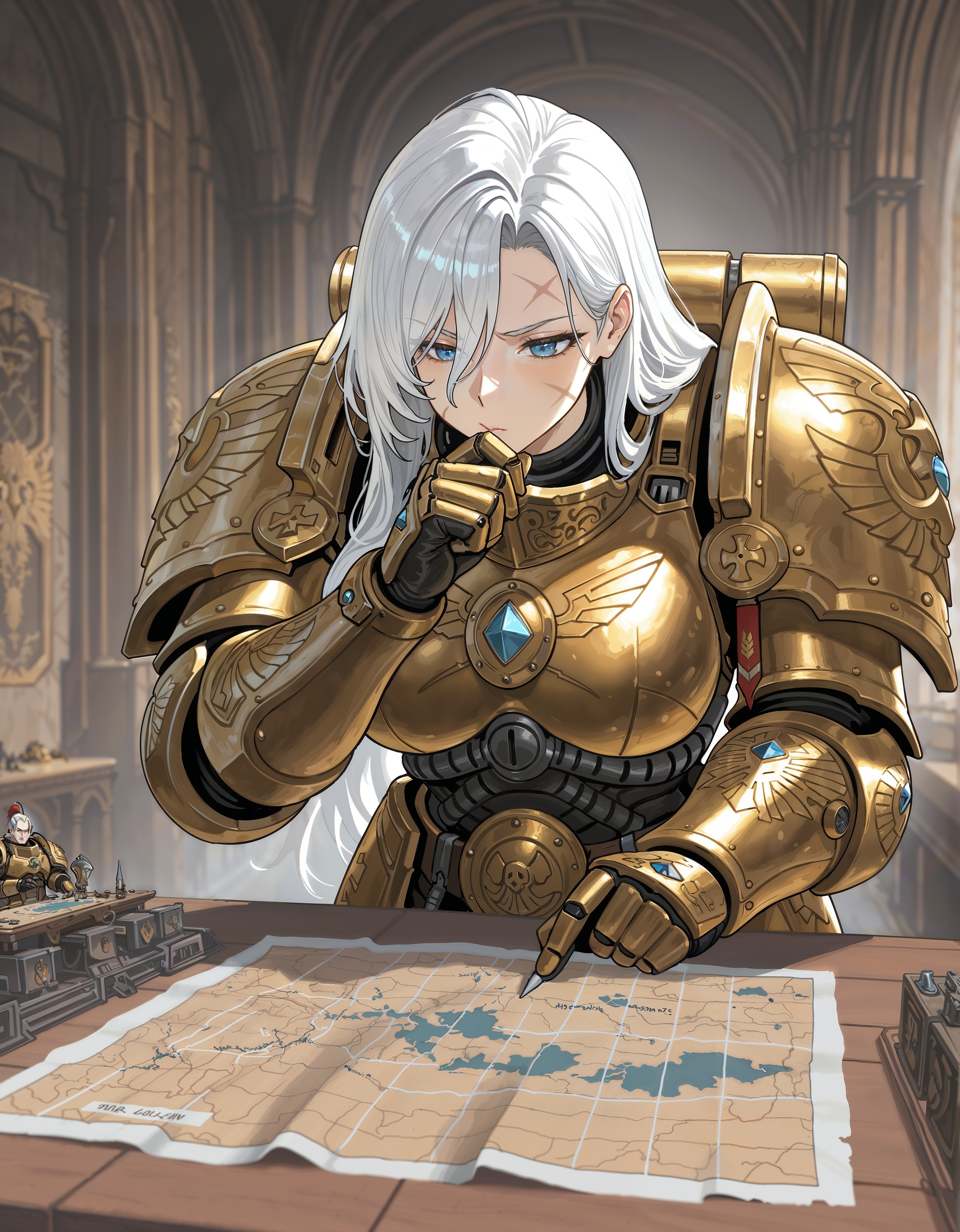 masterpiece, best quality,high quality, newest, highres,8K,HDR,absurdres, iLLCustodes40k, 1girl, solo, power armor, golden armor, white hair, planning, thinking, scars, map, planning battle formation, strategy table, in a spaceship helm,  <lora:iLLCustodes40k:1>