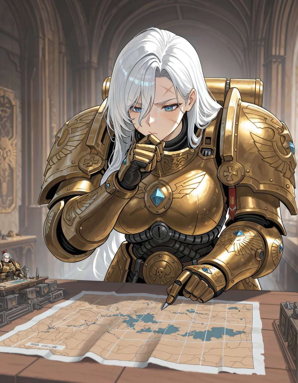 masterpiece, best quality,high quality, newest, highres,8K,HDR,absurdres, iLLCustodes40k, 1girl, solo, power armor, golden armor, white hair, planning, thinking, scars, map, planning battle formation, strategy table, in a spaceship helm, <lora:iLLCustodes40k:1>