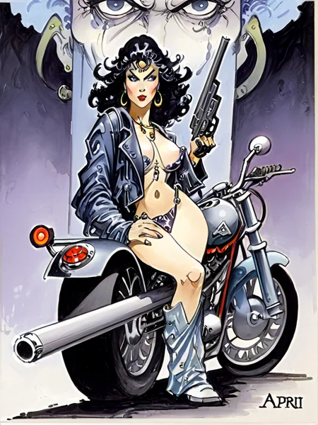 azpiri style drawing, medium shot, a woman with a gun sit on a motorcycle waiting looking at viewer <lora:azpiriSDLX:1>,detailed