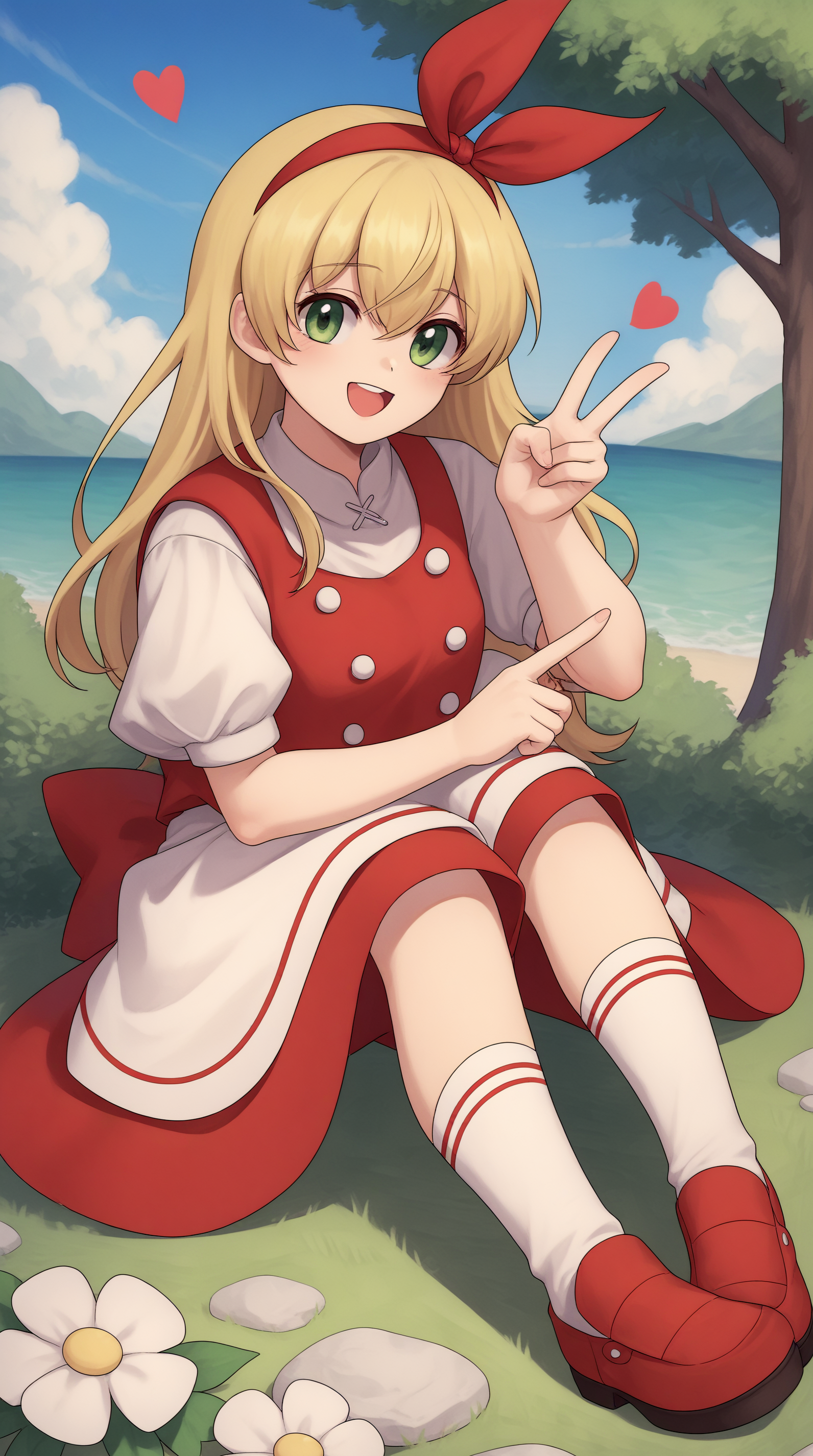 score_9, score_8_up, score_7_up, best background, detailed background, 4k, upscale, anime_source,  Ellen, Main Outfit, solo, looking at viewer, smile, open mouth, sitting, full body, heart, :d, animal, happy, outdoors, wariza, v sign, victory fingers,  <lora:JN_Ellen_Pony:0.8>