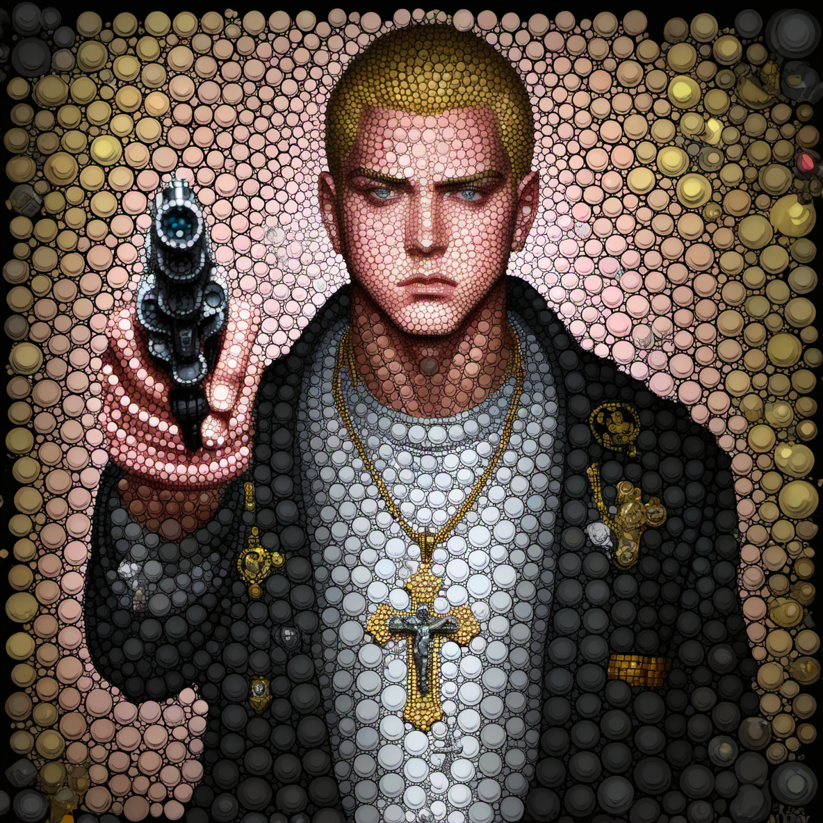 dotart, boy, necklace, gun, cross, handgun<lora:Dor_Art:1>, portrait of an anime person, aesthetic, wlop, trending on artstation, deviantart, anime key visual, 8k uhd