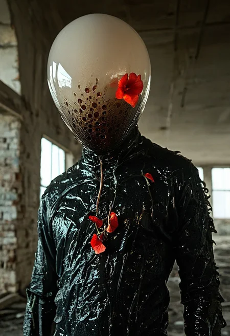 The image is a highly detailed, CGI-rendered artwork depicting a surreal, otherworldly figure. The subject is a humanoid creature with a smooth, glossy, almost translucent head that resembles a shiny, white egg or a helmet, devoid of facial features. This head is connected to a body that appears to be a twisted, organic mass of dark, slimy tendrils and tendrils, which resemble black, wet, and stringy material. These tendrils extend from the head, wrapping around and through the body, giving it a grotesque, alien appearance.
The creature's body is covered in a tattered, dark, organic material that looks like a combination of skin and fabric, with numerous holes and tears revealing the dark, slimy substance beneath. The texture of this material is rough and uneven, with a sheen that suggests it's wet or oily.
The background shows a dilapidated, abandoned building with crumbling, exposed brick walls and a large, broken window, through which light filters in, casting a soft glow. Red petals, possibly from a flower or a plant, are scattered around the figure, adding a surreal, almost dreamlike quality to the scene. The overall atmosphere is eerie and unsettling, with a sense of decay and desolation.