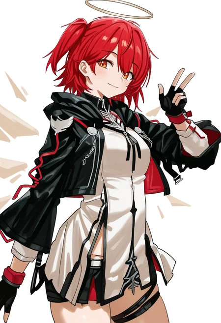 Exusiai the New Covenant,open jacket,one side up,right side ponytail,1girl, solo, looking at viewer, smile, simple background, long sleeves, white background,closed mouth, hand up, hood,, v, one side up, hood down, w,exusiai \(arknights\), 1girl, solo, looking at viewer, smile, short hair, simple background, long sleeves, white background, gloves, dress, closed mouth, jacket, white shirt, yellow eyes, red hair, wings, black gloves, hand up, hood, fingerless gloves, white dress, halo, black jacket, v, one side up, hood down, w, detached wings, energy wings,masterpiece,best quality,newest,absurdres,highres,very awa, <lora:None:1.0> <lora:Exusiai_the_New_Covenant_r1:0.9500000000000002> <lora:feipinzhanshi_omo:0.9500000000000002>