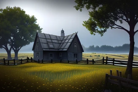 RAW photo, (masterpiece:1.3), subsurface scattering, heavy shadow, (high quality:1.4), (intricate, high detail:1.2), professional photography, HDR, High Dynamic Range, realistic, ultra realistic, photorealistic, high resolution, film photography, ambient lighting, atmospheric effects, <lora:detail_slider_v4:2>, OverallDetail, farmhouse, fields, fence, fantfa, <lora:FantasyFarm:0.75>