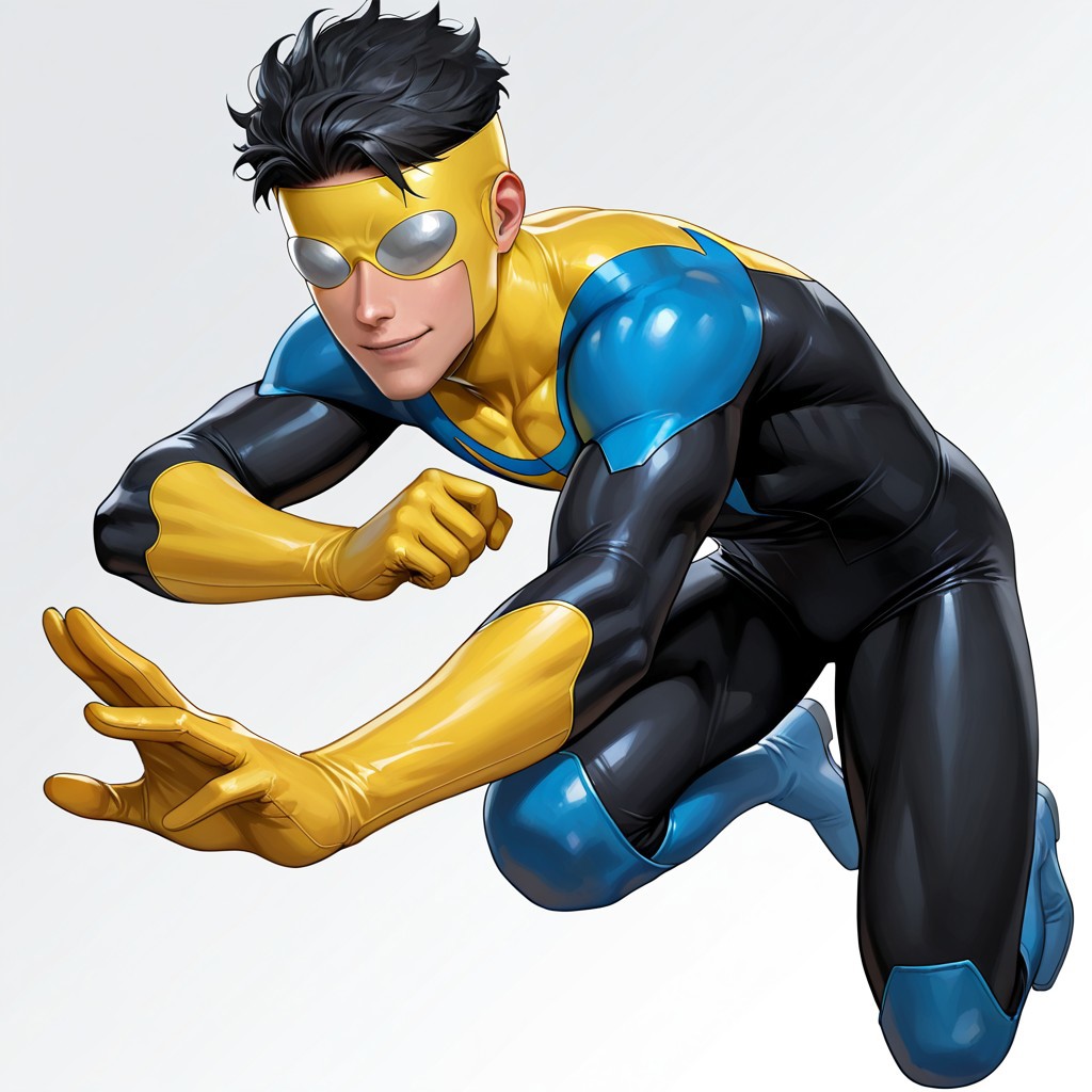 FutureFightStyle, ((semi realistic)), score_9, score_8_up, score_7_up, 8k, absurd res, masterpiece, best quality, 1boy, solo, male focus, mgraysonv3, black hair, short hair, mask, bodysuit, yellow gloves, blue boots, superhero, skindentation, (((headshot))), white background, smile