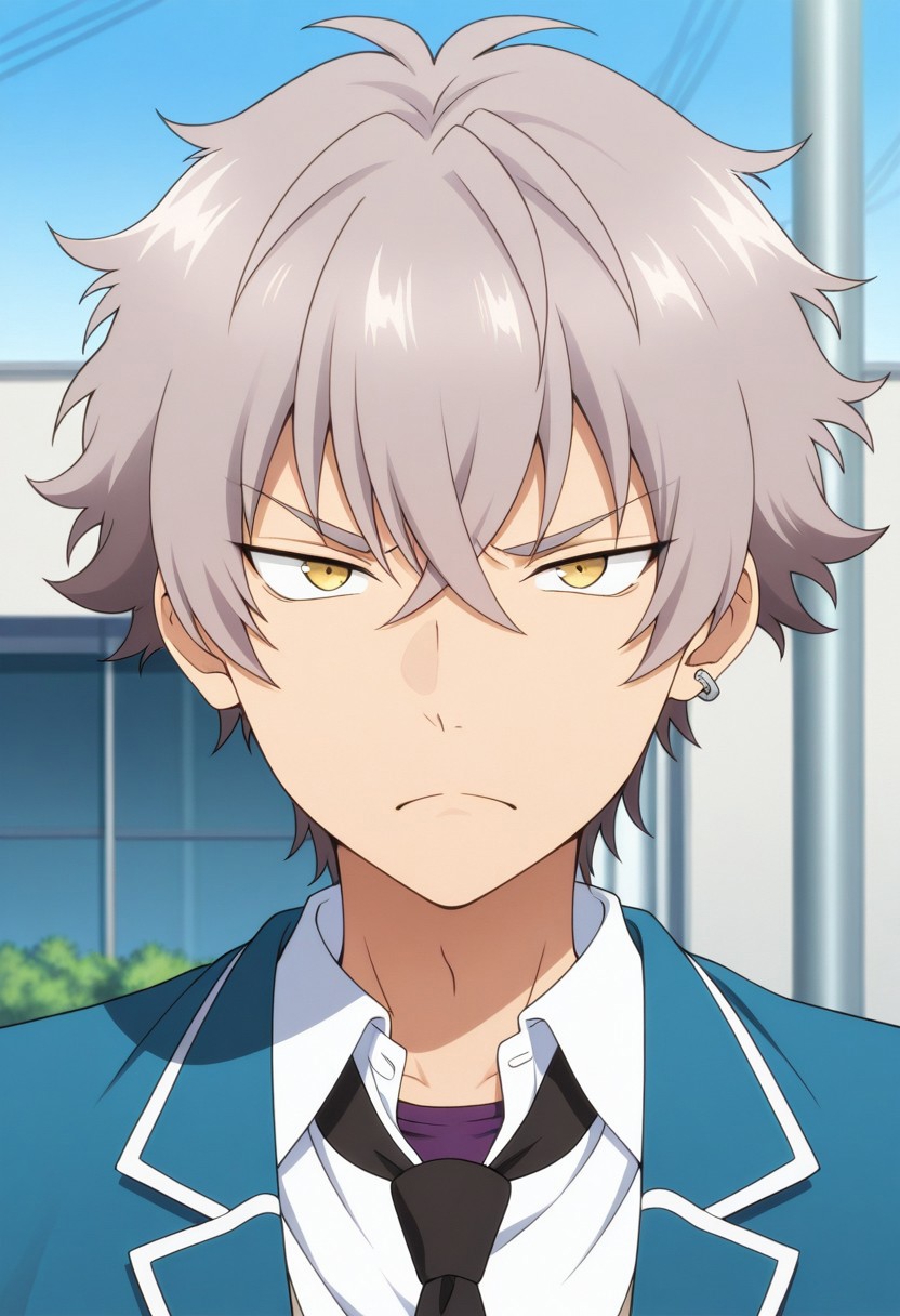 masterpiece,best quality,amazing quality, source_anime, 
kogaoogami, 1boy, male focus, solo, yellow eyes, grey hair, jewelry, earrings, school uniform, purple undershirt, shirt, white shirt, collared shirt, necktie, black necktie, jacket, blazer, blue jacket, portrait, frown,
outdoor,