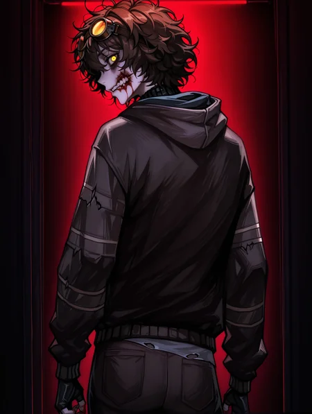 masterpiece, very aesthetic, best quality, hiper-detailed, intricate details, dynamic light, dramatic light, rich colors, dark, darkness, night, solo, cowboy shot, imtdticitoby, 1boy, male, from behind, looking back, constructed pupils, looking at viewer, profile, injury, brown hair, striped, hood, hoodie, gloves, pants, black gloves, short hair, blood, messy hair, , fingerless gloves, yellow eyes, sweater, long sleeves, teeth, scar, blood, blood on face, blood from mouth, bags under eyes, hood down, torn clothes, horror (theme), goggles on head, dark background, red light, detailed background, dark room, nightmare room, nightmare background