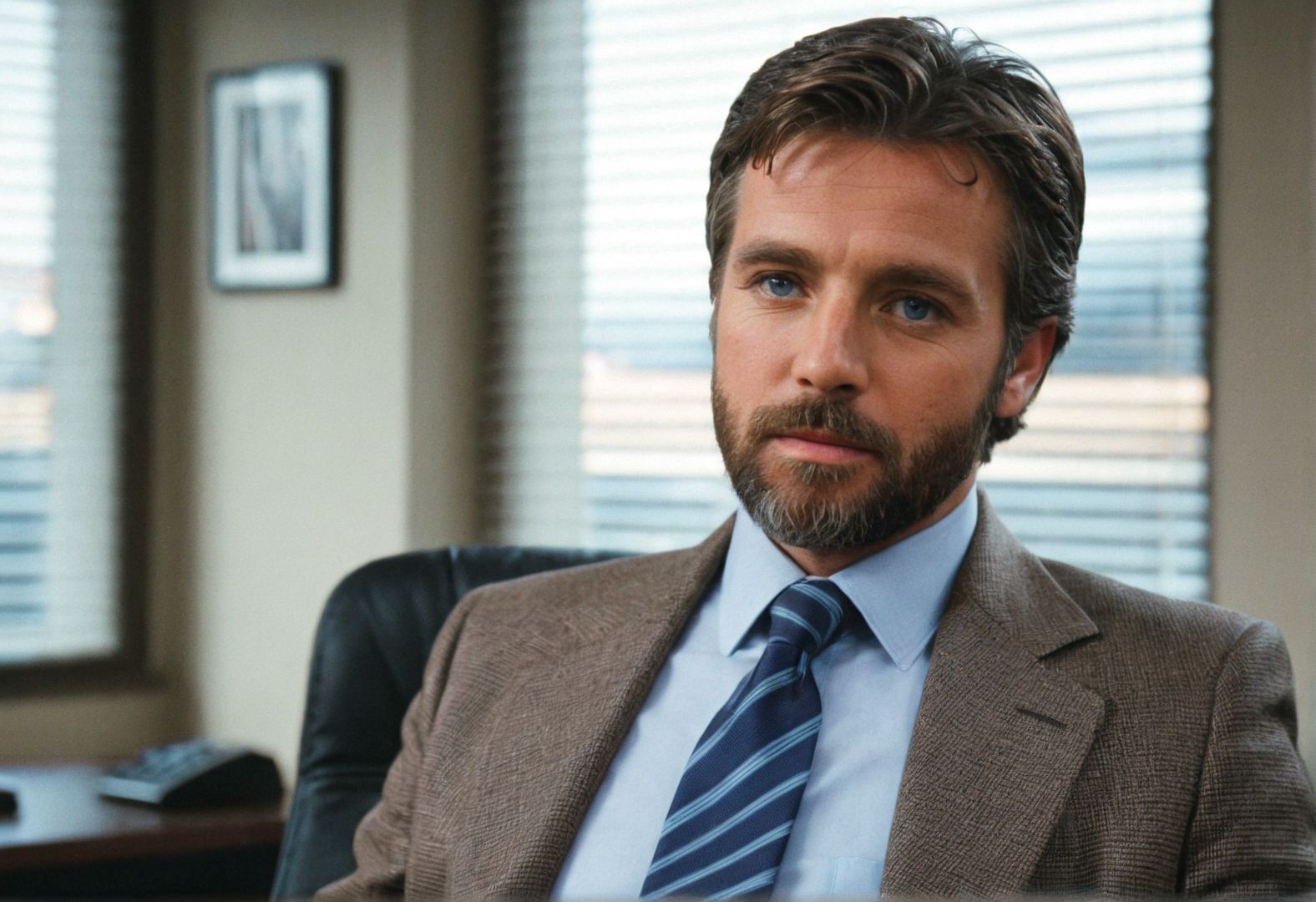 ((CinematicPortrait analog photo)) middle aged suit tie man beard indoors, blue eyes, (office blinds), ((soft focus, depth of field, film grain, looking at viewer)) <lora:CinematicPortraitXL_v3:0.65>