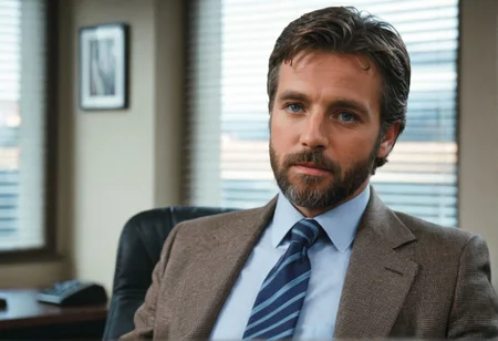 ((CinematicPortrait analog photo)) middle aged suit tie man beard indoors, blue eyes, (office blinds), ((soft focus, depth of field, film grain, looking at viewer)) <lora:CinematicPortraitXL_v3:0.65>