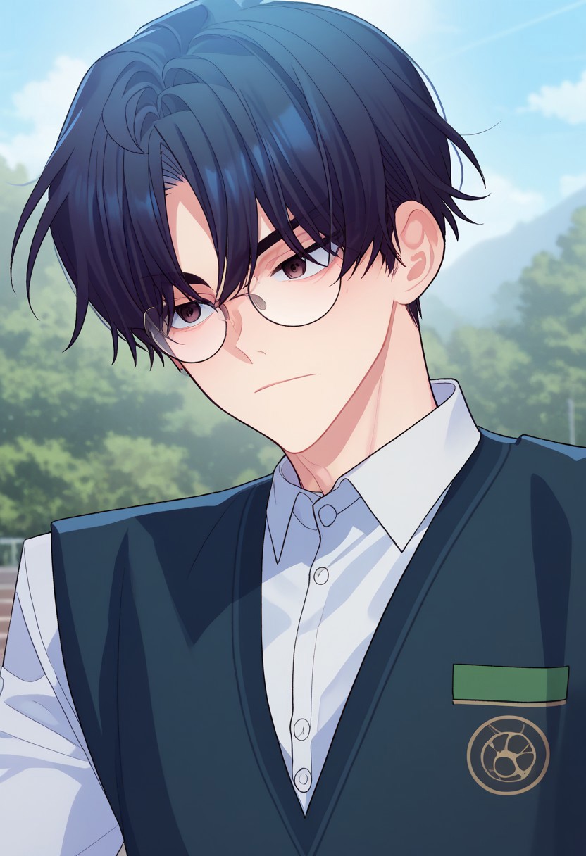 score_9, score_7_up, source_anime
joomirye, 1boy, male focus, solo, black eyes, glasses, black hair, short hair, school uniform, shirt, white shirt, collared shirt, sweater vest, portrait
outdoor,