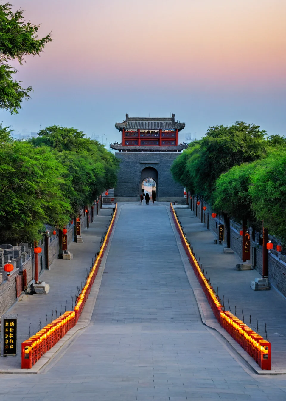 <lora:å±±æµ·å³:1>,Shanhai Pass, no humans, scenery, outdoors, sign, sky, tree, road, east asian architecture, sunset, building, architecture, pavement, sun, sunlight, street, lantern, blue sky, shadow, real world location, shrine, road sign, path, cloud, sunrise, gradient sky, stairs, fence, evening, masterpiece, best quality,