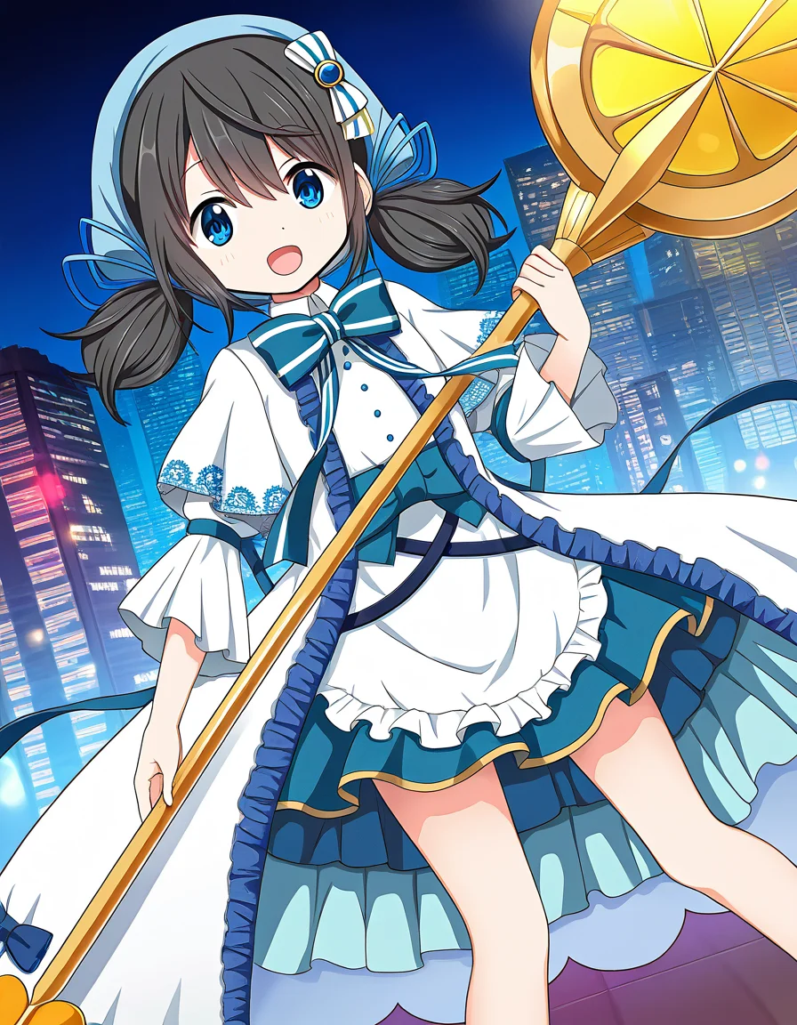 masterpiece, best quality, newest, absurdres, highres, safe, 1girl, chiaki riko, magia record: mahou shoujo madoka magica gaiden, holding weapon, solo, open mouth, city, night, dutch angle, <lora:chiaki_riko_noobaiXLNAIXL_vPred10Version:0.7>