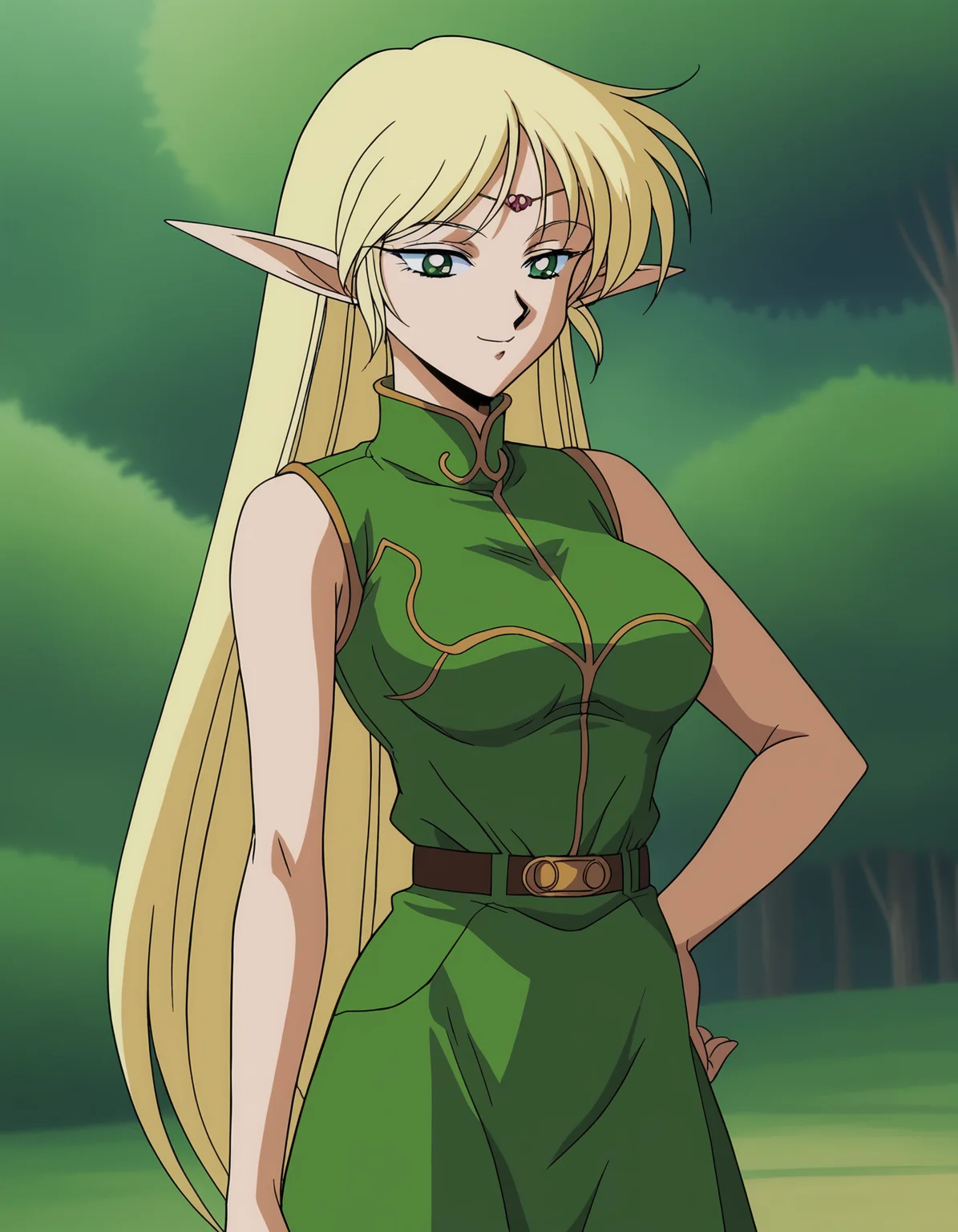 rating_questionable, score_9, score_8_up, score_7_up, score_6_up, anime screencap, retro artstyle, 1990s \(style\), anime coloring, highly detailed, deedlit, blonde hair, very long hair, green eyes, elf, pointy ears, medium breasts, circlet, sleeveless, green dress, short dress, belt, light smile, centered, female focus, forest background,<lora:Deedlit (3):0.8>