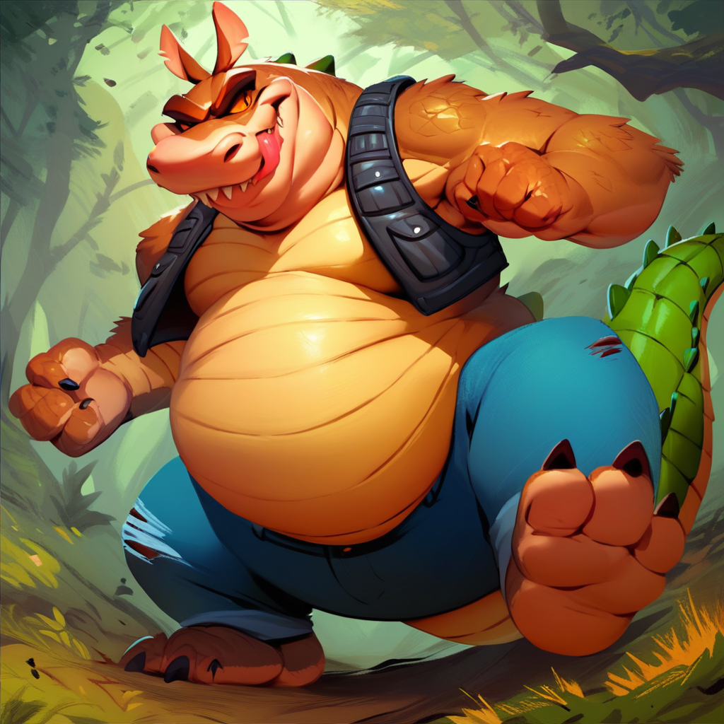 score_9, score_8_up, score_7_up, score_6_up, score_5_up, score_4_up, dingodile, dingo, crocodile tail, monster, mutant, scaly, furry, vest, jeans, fat, chubby, orange eyes, smile, tongue out, action pose, forest background,