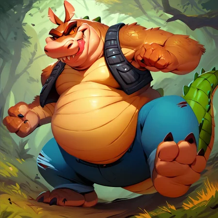 score_9, score_8_up, score_7_up, score_6_up, score_5_up, score_4_up, dingodile, dingo, crocodile tail, monster, mutant, scaly, furry, vest, jeans, fat, chubby, orange eyes, smile, tongue out, action pose, forest background,