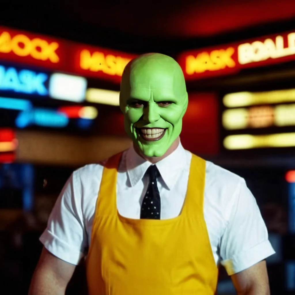 TheMask1024, a bald man working in fastfood, neon sign with text ++(("Mask*Donald")), full body, big smile, highly detailed, photography, ultra sharp, film, bokeh, professional, 4k <lora:add-detail-xl:2> <lora:TheMask1024-000380:0.8>