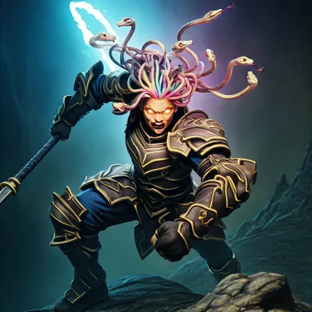 worm on a string hair:0.8, fluffy:0.8, a fierce warrior with armor crafted from hardened, multicolored hair:0.8, fluffy:0.8 worm on a string hair:0.8, wielding a whip made of a giant, glowing worm on a string hair:0.8, dynamic battle pose, determined expression, glowing eyes, detailed armor, fantasy art, snake:0.8, strong, powerful, dramatic lighting, fcPortrait, 3DMM