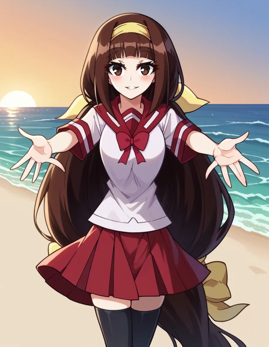 score_9, score_8_up, score_7_up, source_anime, <lora:najimi-ajimu-s2-ponyxl-lora-nochekaiser:1>, najimi ajimu, long hair, brown hair, bow, ribbon, brown eyes, very long hair, low-tied long hair, hair band, hair bow, yellow hairband, medium breasts,, skirt, thighhighs, bow, ribbon, school uniform, serafuku, black thighhighs, zettai ryouiki, red sailor collar, red skirt, red bowtie,, beach, sunset, walking along shore, footprints in sand, waves, peaceful, , <lora:incoming-hug-ponyxl-lora-nochekaiser:1>, incoming hug, looking at viewer, reaching, reacing towards viewer, outstretched arms,, bedroom, smile, blush, parted lips, looking at viewer, solo,, dutch angle, cowboy shot