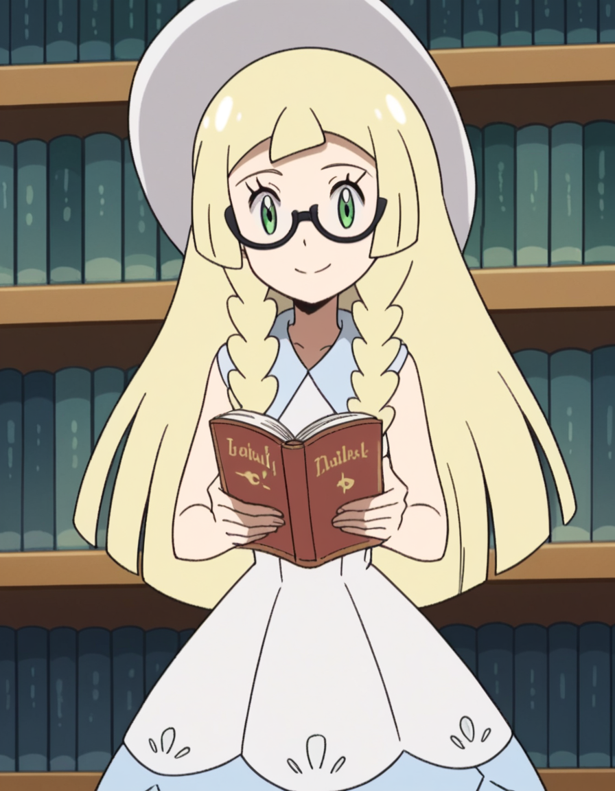 score_9, score_8_up, score_7_up, source_anime, <lora:pokemon-lilie-anime-ponyxl-lora-nochekaiser:1>, lillie \(pokemon\), blonde hair, blunt bangs, green eyes, long hair,, braid, collared dress, dress, hat, sleeveless, sleeveless dress, sun hat, sundress, twin braids, white dress, white headwear,, library, reading books, glasses, quiet, focused, shelves of books, smile, looking at viewer, solo,, cowboy shot, dutch angle