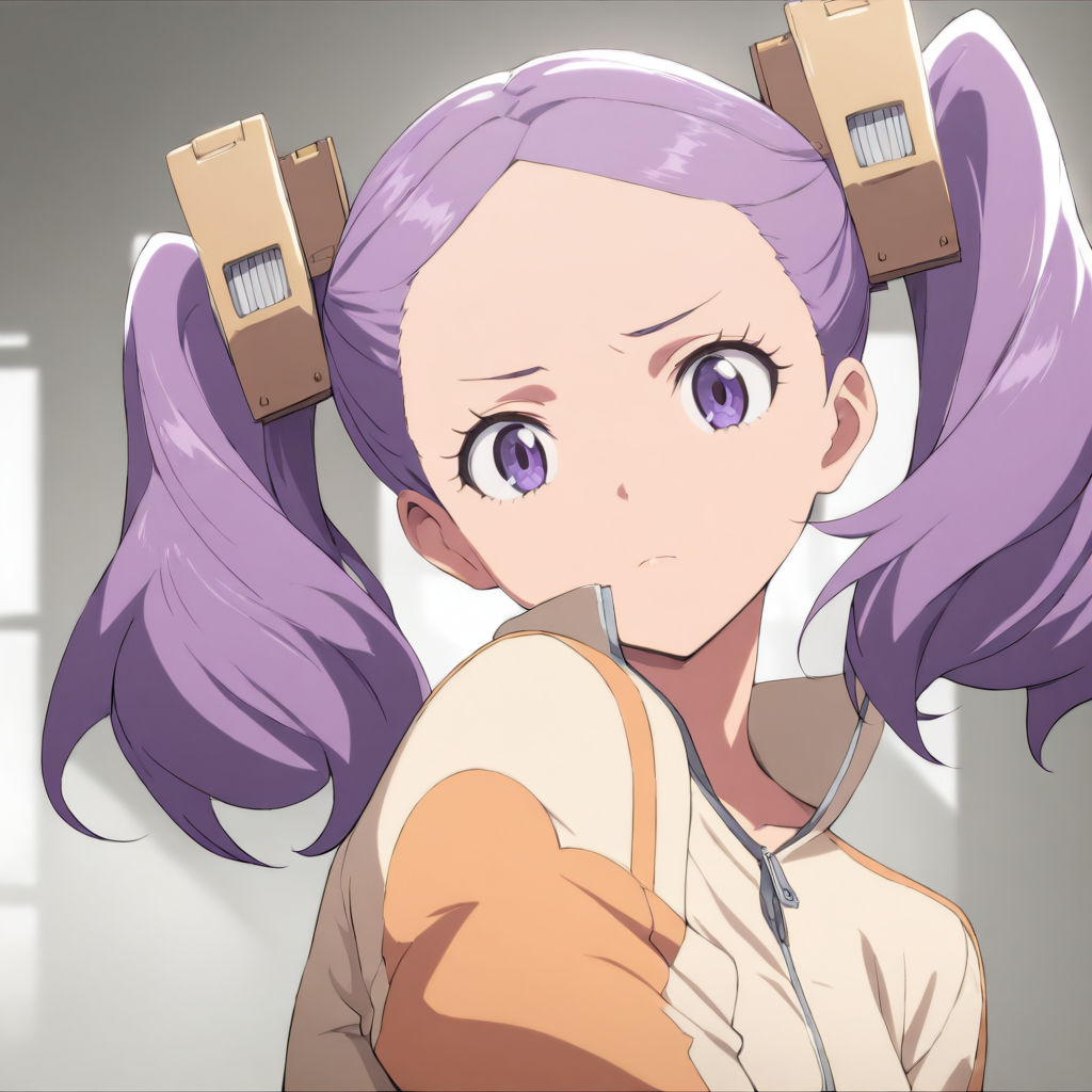 1girl,solo,looking at viewer,upper_body,portrait,masterpiece,high score,great score,absurdres,<lora:Wahanly_Shume ag4o v1:1> wahanly_shume, purple hair, twintails, purple eyes,