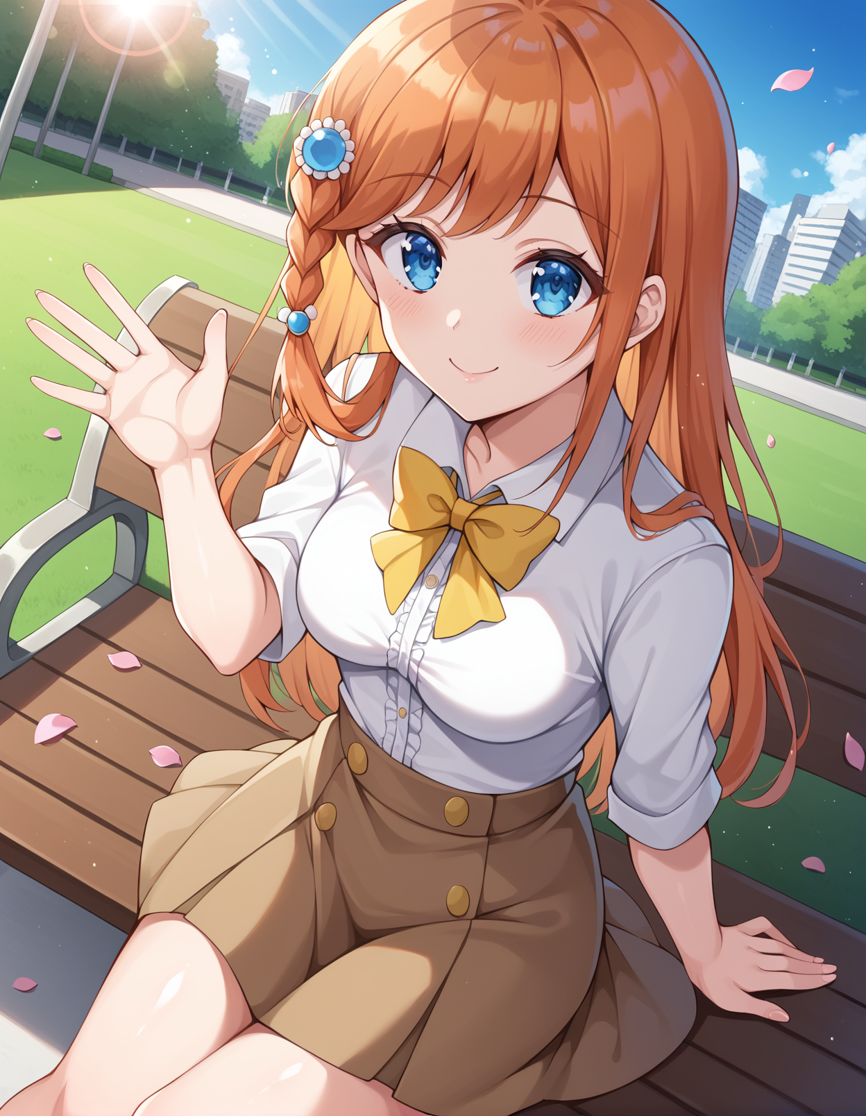 score_9, score_8_up, score_7_up, source_anime, rating_explicit, BREAK <lora:matsuri_XL-Pony_LoRA-C3Lier_16-16-8-8_AdamW_Un3e-4_Te1.5e-4_10batch:1>, hibino matsuri, 1girl, blue eyes, long hair, orange hair, side braid, medium breasts, hair ornament, school uniform, white shirt, yellow bowtie, brown skirt, dutch angle, waving, sitting, looking at viewer, facing viewer, light smile, blush, light particles, light rays, park bench, park, garden, flower, petals, cityscape, blue sky, cloud, sunlight, lens flare