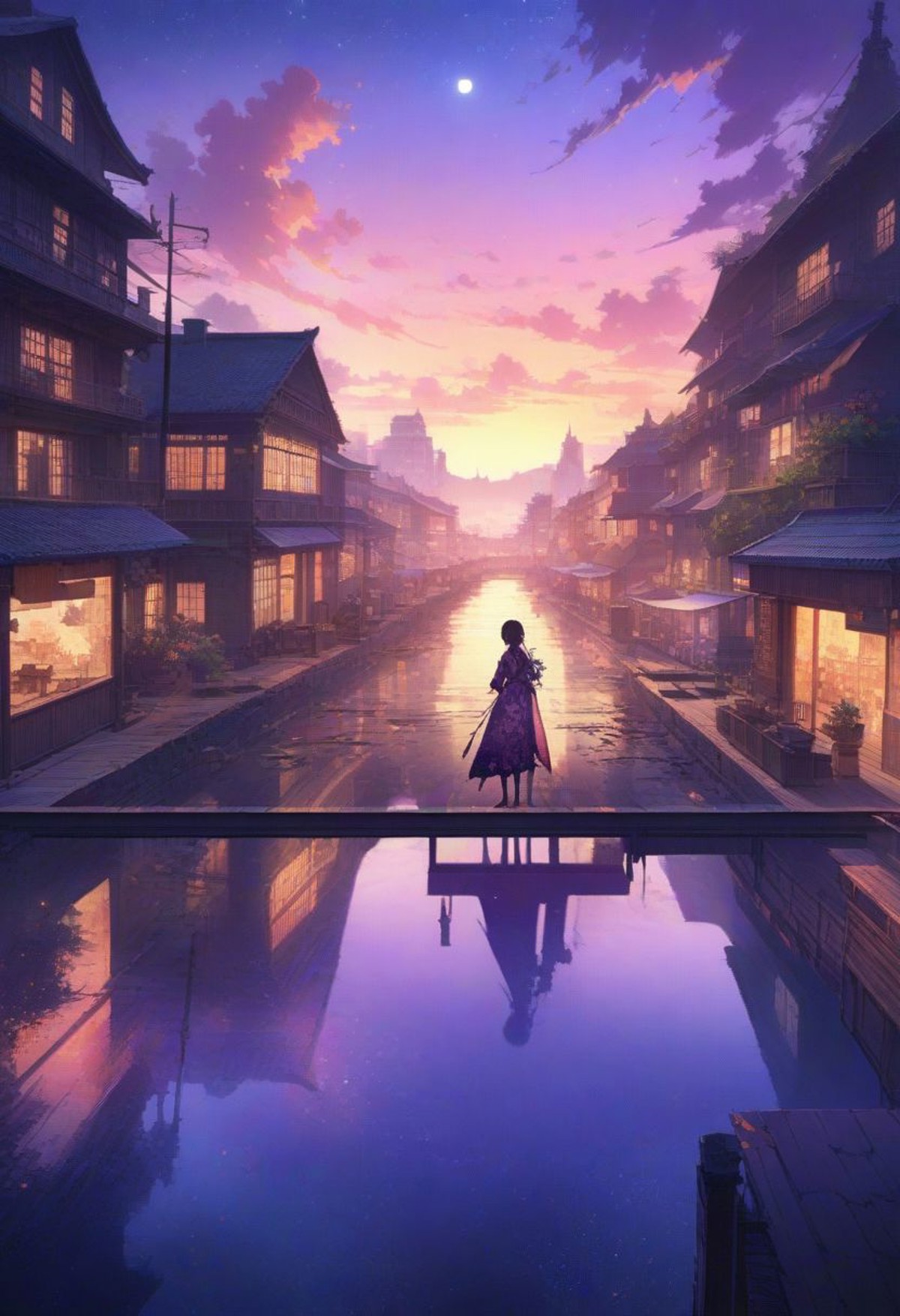 Official Art, Unity 8K Wallpaper, Extreme Detailed, Beautiful and Aesthetic, Masterpiece, Top Quality, perfect anatomy, a beautifully drawn (((ink illustration))) depicting, integrating elements of calligraphy, vintage, yellow and purple accents, watercolor painting, (best illustration), (best shadow), Analog Color Theme, vivid colours, contrast, smooth, sharp focus, scenery, outdoors, sky, cloud, no humans, night, building, star \(sky\), night sky, scenery, starry sky, reflection, sunset, city, cityscape, city lights