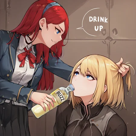 <lora:Degen_Forcedtodrink_alpha:1>, 2girls, forcedtodrink, grabbing another's hair, bottle, hand on another's head, holding bottle, milk, looking at another, upper body,
<lora:Tsubaki_Yayoi_Izayoi_blazblue:0.8>, red hair, blue eyes, hair tubes, long hair, holding bottle, forcedtodrink, grabbing another's hair, bottle, hand on another's head, holding bottle, milk, looking at another, blue hairband, school uniform, white shirt, blue coat, red tie, pleated skirt, black skirt, pantyhose
<lora:Olivia:0.8>, oliviambsk, blonde hair, medium hair, blue eyes, breasts, bangs, official art, drinking, looking up, looking at another, upper body