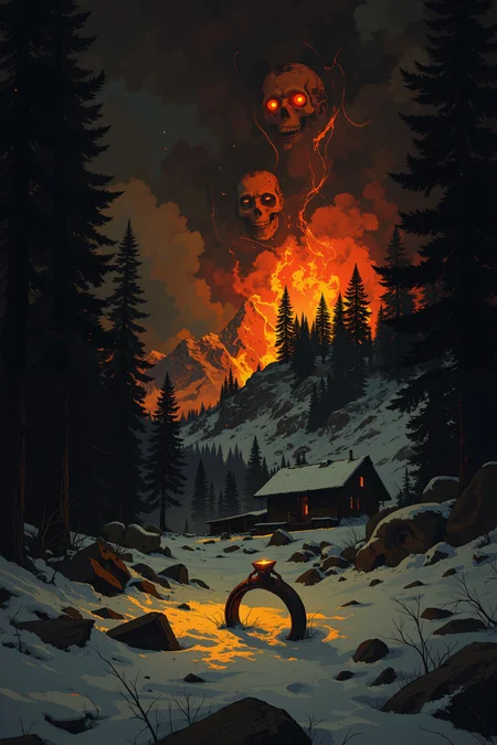 A dark, moody composition shows the cabin ablaze on a snowy mountainside, flames reaching high into the night sky. The surrounding snow reflects the orange and red hues of the fire, creating an eerie contrast against the blackness of the sky and the deep shadows of the pine forest. In the foreground, a wedding ring lies half-buried in the snow, glinting faintly in the firelight. Above, ghostly faces seem to form in the swirling smoke, their expressions of anguish matching the haunting tones of the song. ,in the style of cksc,anime, cyberpunk, DB4RZ, DB4RZ style painting <lora:CPA:0.5><lora:FLUX-daubrez-DB4RZ:0.3><lora:Luminous_Shadowscape-000016:0.3><lora:ck-shadow-circuit-000021:0.35>