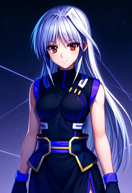 score_9, score_8_up, score_7_up, source_anime, 1girl, solo, Reinforce, long hair, white hair, single hair intake, red eye, long dress, black dress with purple trim, side slit, black gloves with purple trim, fingerless gloves, black corset with gold trim, sleeveless dress, bare shoulders, standing, smiling, ((endori face))