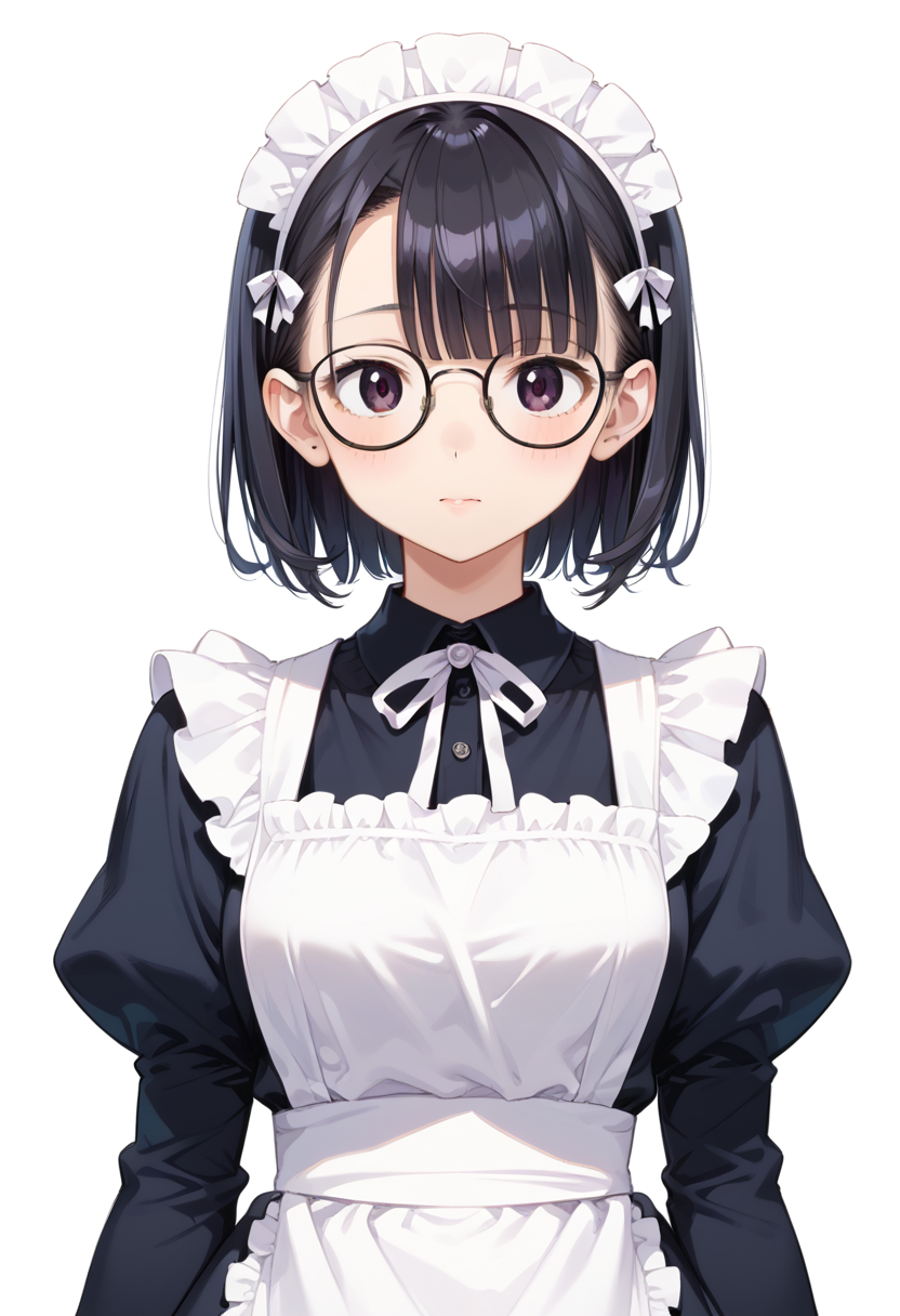 score_9, score_8_up, score_7_up, rating_safe, masterpiece, best quality, absurdres, unity 8k wallpaper, official art, official style, source_anime, uncensored, game cg, megami magazine,
1girl, solo, black hair, medium hair, upper body, covered eyes,maid, maid headdress, black dress, maid apron,
g-boston19A, glasses, simple background, white background, black-framed eyewear, upper body, face focus,
<lora:glasses_boston19A_PONY_V1:1>