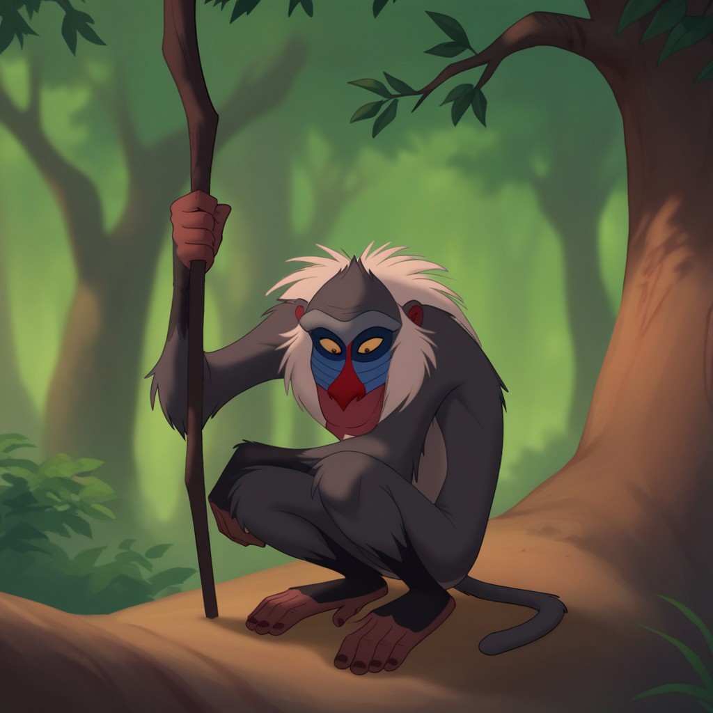 score_9, score_8_up, score_7_up, score_6_up, score_5_up, score_4_up, source_furry, rafikiLK, semi-anthro, male, primate, monkey, grey fur, white hair, black eyes, yellow sclera,  forest,squatting, on a tree branch