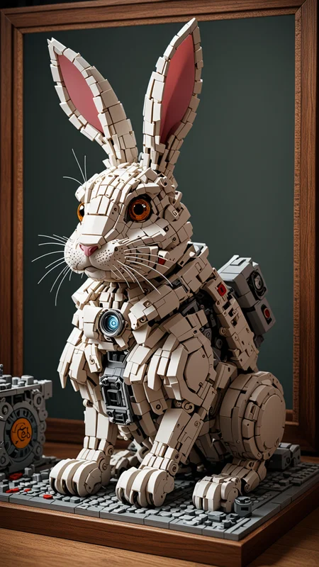 A Epic Rabbit made of Lego Technics with a few piece of Lego on the Table, Award winning, trending on ArtStation , (intricate details, masterpiece, best quality), (Use Dream Diffusion Secret Prompt), (Framed 3D), UHD