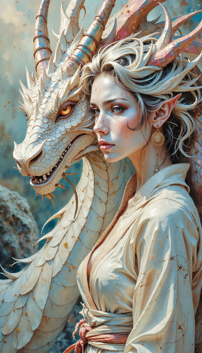 watercolor,vivid,glow, A luminescent, iridescent white dragon, rendered with hyperrealistic detail, fills the right side of the frame in a close-up shot.  Capture the ethereal interaction as a young woman, adorned in diaphanous white robes, gazes into the dragon's eye. Bathe the scene in soft, ethereal light, emanating from behind the viewer, highlighting the pearlescent scales of the dragon and the delicate embroidery on the woman's gown. The background should dissolve into a dreamy, bokeh effect, hinting at a mystical forest setting.  Evoke a sense of profound connection and ancient wisdom shared between the two figures.