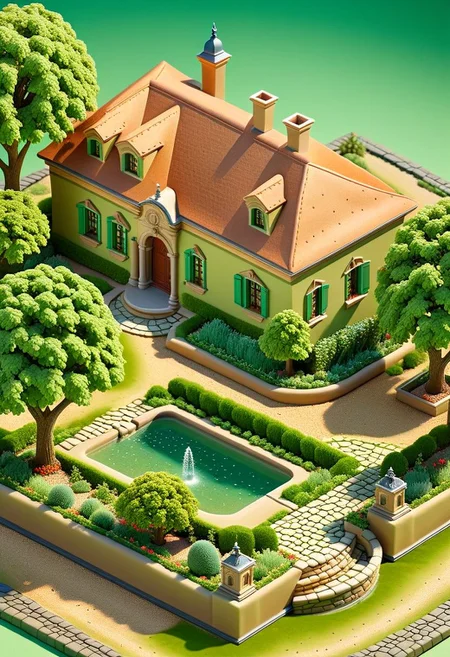 ispzxll, diorama, isometric, miniature, french mansion courtyard, meticulous gardens, gravel, dirt, well kept, mature tree, intricate fountain, spraying, water, scenery, decorations, green porsche sports car convertible, volumetric lighting