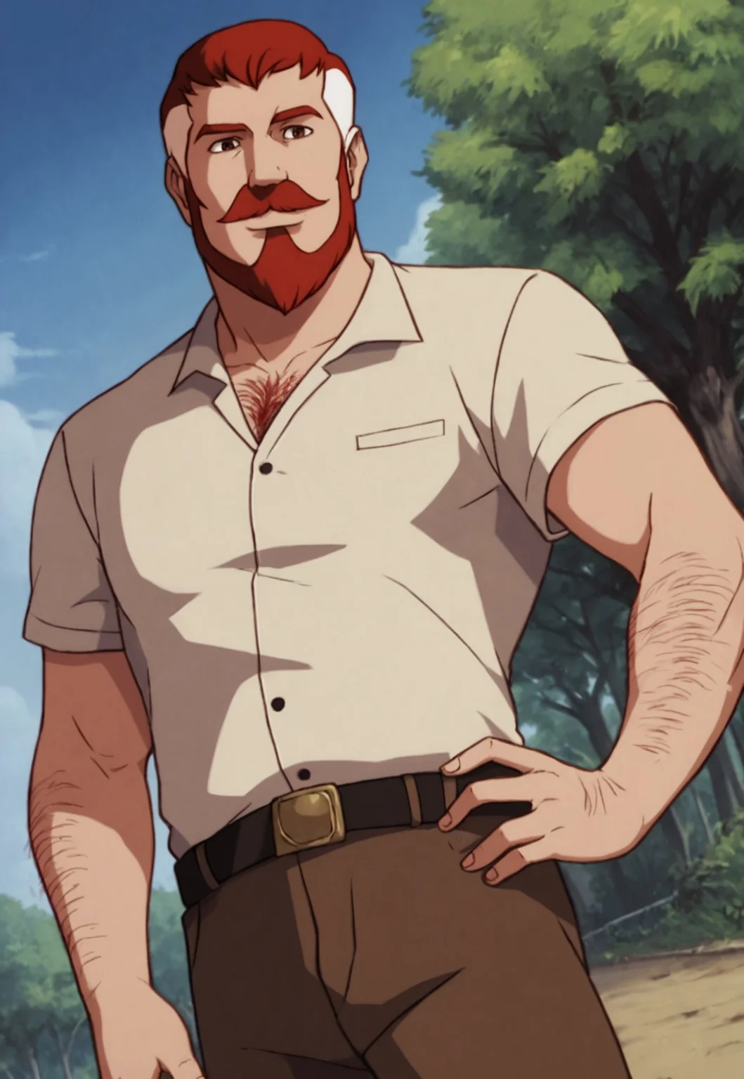 score_9, score_8_up, BentonQuest, red hair, white hair, two-tone hair, shirt, brown pants, brown eyes, short hair, facial hair, mustache, upper body, looking at viewer, smile, dutch angle, dynamic pose, one hand on hip, outdoor, tree, blue sky, detailed background, belt, cowboy shot, hairy, hairy arms, chest hair,