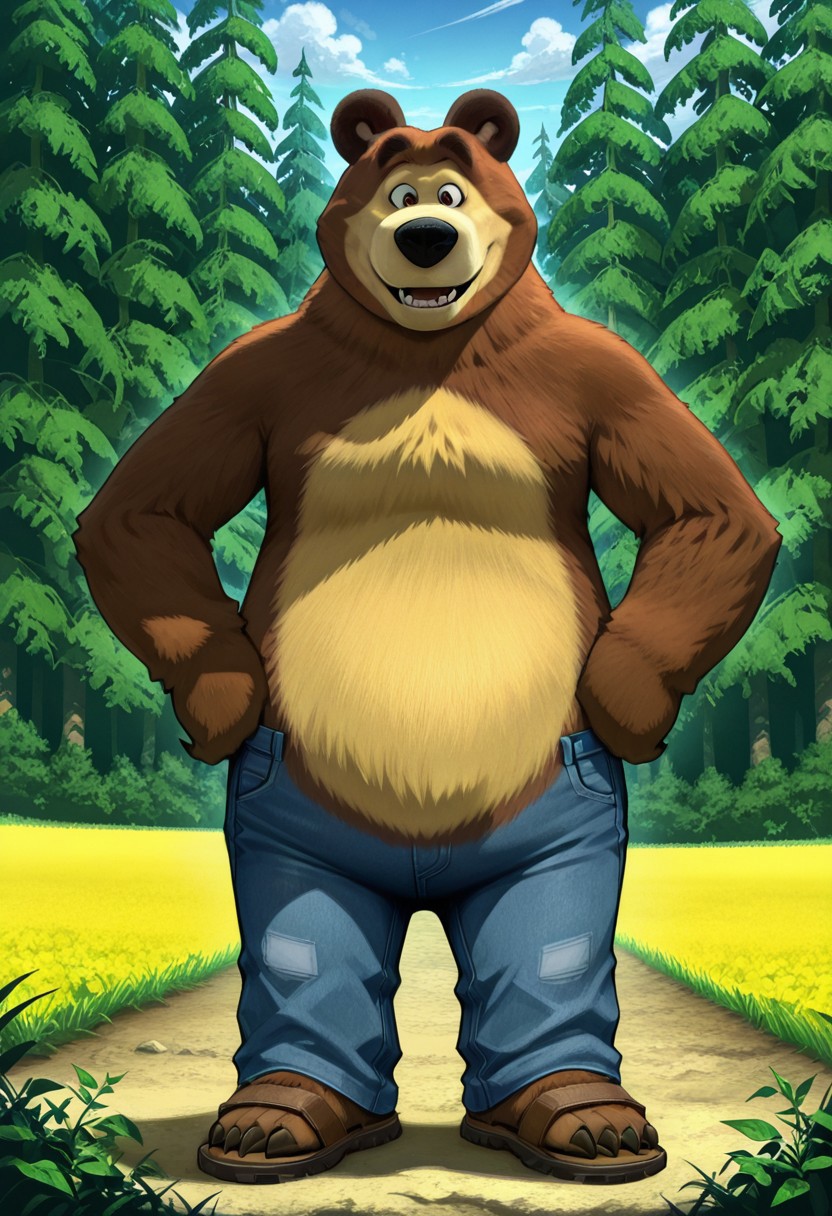 score_8, score_7, score_9_up, BodiPhantom, masterpiece, high quality, detailed, best quality, detailed background, detailed character, detailed character details, detailed face, detailed muzzle, dust, particles, practices, fluffy wool, fluffy fur, high quality, very high rendering, smooth lines, 4k, 8k, 16k, huge resolution, a lot of details, detailed fur, high budget, cinemascope, epic, gorgeous, film grain, grainy, high quality, detailed, high resolution, high quality, high resolution, furry character, 3DMM, solo
first character: "BodiPhantom, Mishka, Bear, Dark brown eyes, Brown, lighter on the belly, chest and face,dressed, shirt, long jeans, sandals,macro,foot focus, fetish, gigants, the underside of the paws are also cream colored, the claws are a different shade of brown, while the ears and eyebrows are darker than the rest of the body, big bear,
BREAK
source_furry, adult, anthro, (((muscular))),
realistic, different wolves, different faces, detailed face, 
in the forest, trees, sun, meadow, clouds, detailed eyes, detailed fur, detailed anatomy, detailed every character, 
He stands at full height, legs spread, hands on hips, kind,