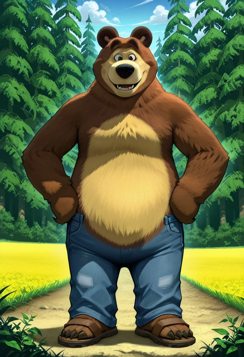 score_8, score_7, score_9_up, BodiPhantom, masterpiece, high quality, detailed, best quality, detailed background, detailed character, detailed character details, detailed face, detailed muzzle, dust, particles, practices, fluffy wool, fluffy fur, high quality, very high rendering, smooth lines, 4k, 8k, 16k, huge resolution, a lot of details, detailed fur, high budget, cinemascope, epic, gorgeous, film grain, grainy, high quality, detailed, high resolution, high quality, high resolution, furry character, 3DMM, solo
first character: "BodiPhantom, Mishka, Bear, Dark brown eyes, Brown, lighter on the belly, chest and face,dressed, shirt, long jeans, sandals,macro,foot focus, fetish, gigants, the underside of the paws are also cream colored, the claws are a different shade of brown, while the ears and eyebrows are darker than the rest of the body, big bear,
BREAK
source_furry, adult, anthro, (((muscular))),
realistic, different wolves, different faces, detailed face,
in the forest, trees, sun, meadow, clouds, detailed eyes, detailed fur, detailed anatomy, detailed every character,
He stands at full height, legs spread, hands on hips, kind,
