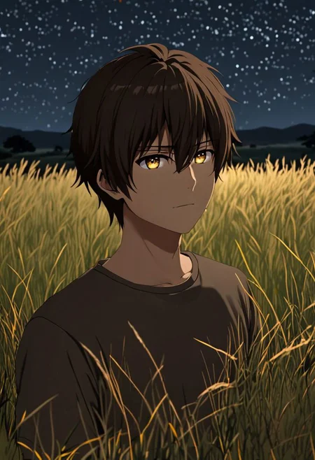 Highres, Masterpiece, High Quality, 4K, 8K, solo, 1Boy, Seiya Kanie, short dark brown hair, golden eyes, grassland, no light pollution, bush, nature, calm, peaceful, night breeze, breeze, awe, dim, easynegative, detailed_eye_model